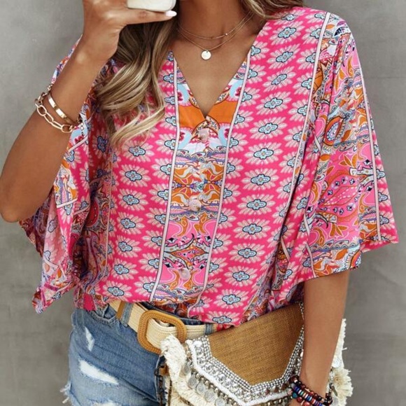 Boho Pink Print Button Oversized Blouse - Picture 3 of 4